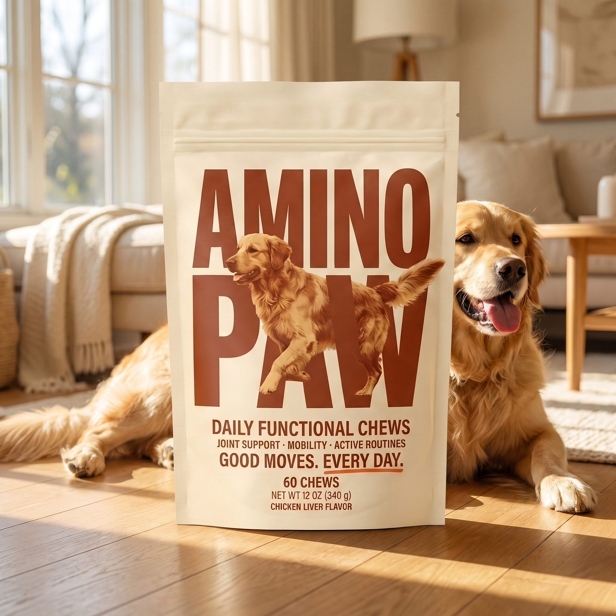 Happy golden retriever with AminoPaw chews