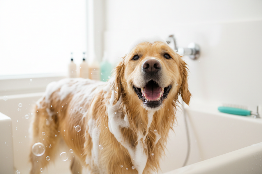 Dog being gently washed